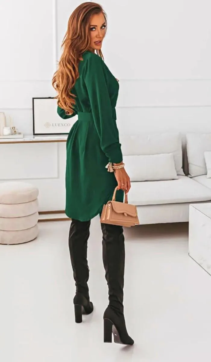 Luexco Women's Turn-down Collar Belted Shirt Dress